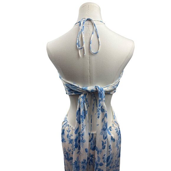 Women’s Endless Blu Medium White Backless Sleeveless Maxi Dress with Blue Floral - Picture 5 of 7